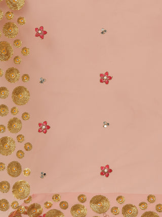 Mustard net Lehenga with gold sequins and pink rose motifs