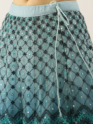 Teal Net sequin, mirror & thread embroidered Lehenga