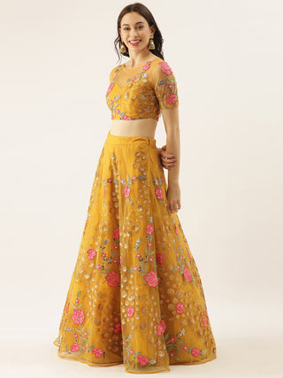 Mustard net Lehenga with gold sequins and pink rose motifs