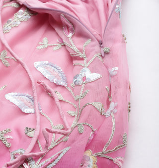 Ombre pink thread work net Lehenga set