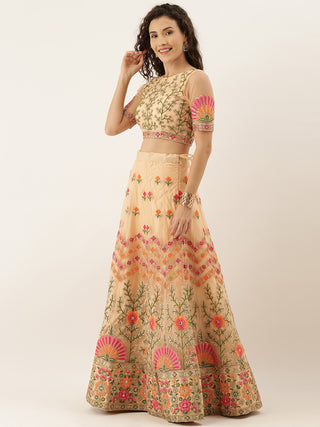 Embroidered Peach Net Lehenga set