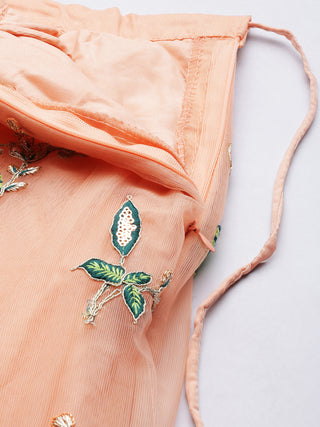 Peach multicolor floral Sequin embroidered net Lehenga
