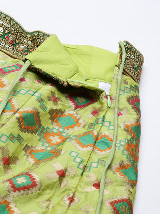 silk embroidered lehenga in lime green with Jaquard dupatta