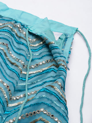 Teal geometric mirror and Sequin pattern embroidered net Lehenga
