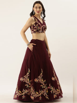 Floral embroidered Burgundy Net Lehenga