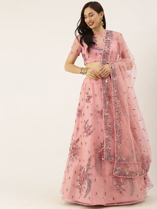 Floral sequin embroidered peach Net Lehenga