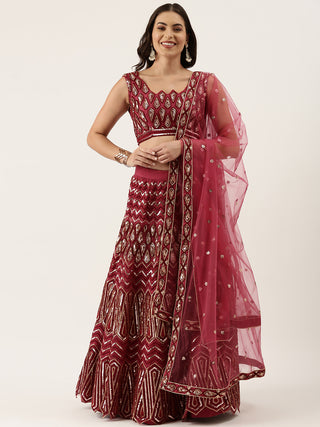 Sequin embroidered maroon Net Lehenga