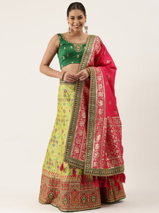 silk embroidered lehenga in lime green with Jaquard dupatta