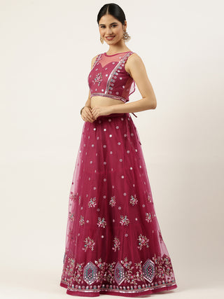 Dark Rose thread embroidered net Lehenga