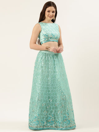 Turquoise blue silver Sequin embroidered Lehenga