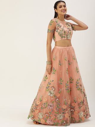 Peach multicolor floral Sequin embroidered net Lehenga