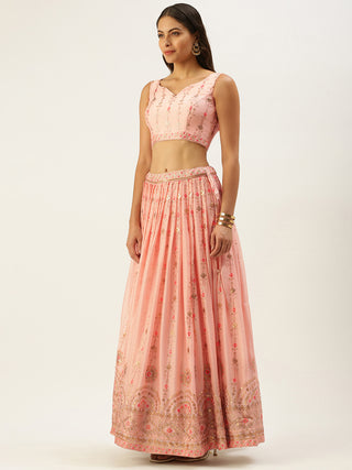 Coral Pink Pure Georgette Sequence embroidered Lehenga