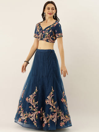 Sequin embroidered Navy blue Net Lehenga