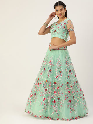 Sea green net floral sequin and thread work Lehenga