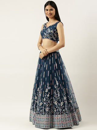 Net Navy Blue Sequin embroidered Lehenga choli