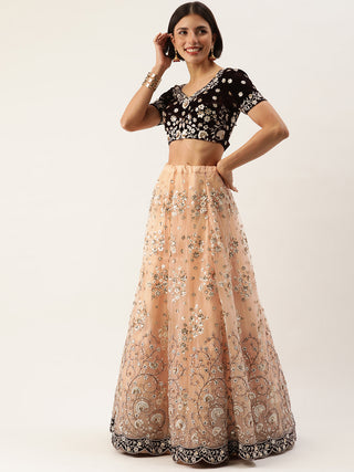 Sequin and mirror embroidered Lehenga in Peach and coffee brown