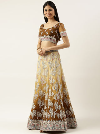 Thread and sequin embroidered ombre mustard Lehenga