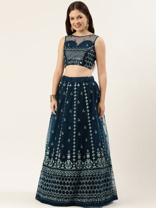 Midnight Navy Blue honey comb pattern sequined net Lehenga set