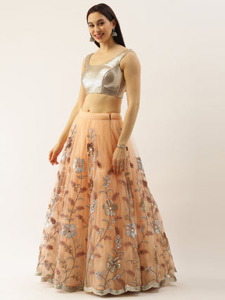 Sequin embroidered peach Net Lehenga