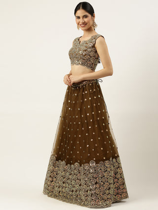 Caramel Brown Net Sequin embroidered Lehenga