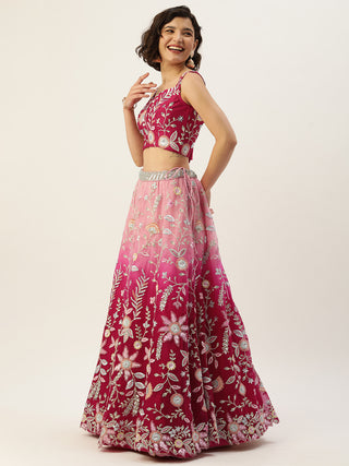Ombre pink thread work net Lehenga set