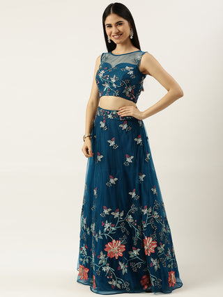 Dark Teal-Peach combination Sequin embroidered Net Lehenga