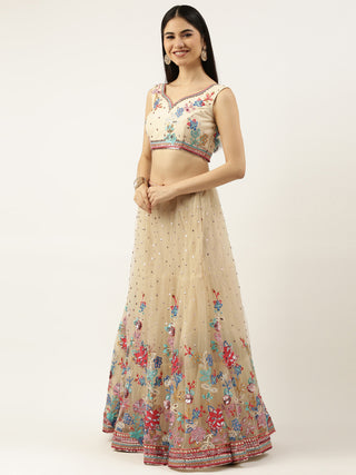 Net Cream multicolor thread and sequin embroidered Lehenga choli