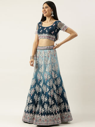 Thread and sequin embroidered teal Lehenga