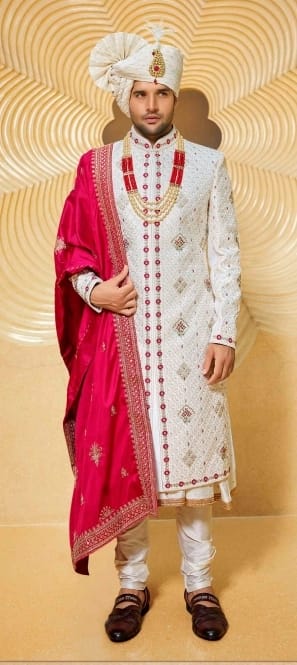 Pristine white Zardozi Sherwani with embroidered stole