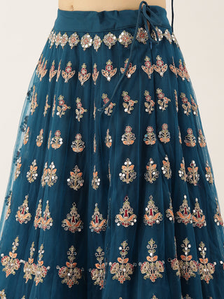 Teal mirror and flower motifs embroidered net Lehenga