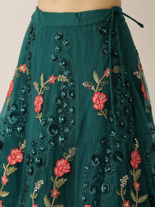 Teal net Lehenga with sequins, crystal mirror, stone work