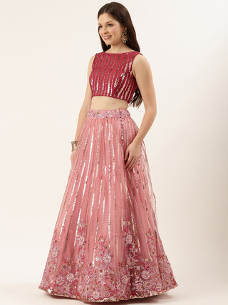 Waterfall Sequin embroidered pink and maroon Net Lehenga