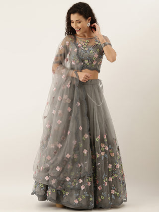 Grey Net Floral embroidered Lehenga set