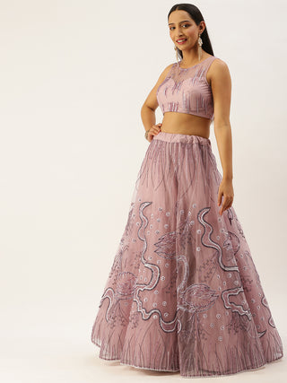 Sequin and pearl embroidered lavender Net Lehenga