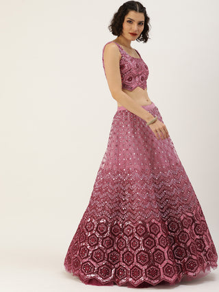 pink sequin and thread embroidered Net Lehenga