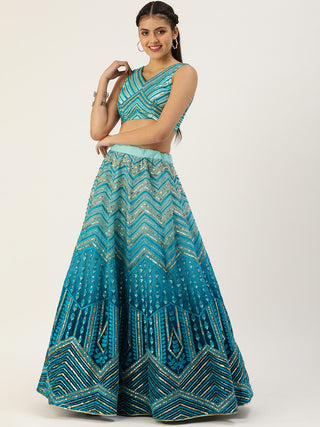 Teal geometric mirror and Sequin pattern embroidered net Lehenga