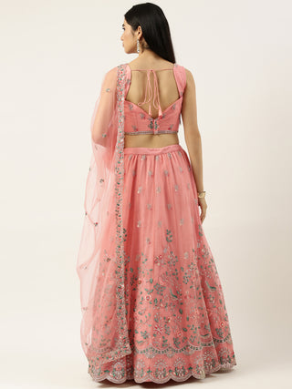 Peach Net Sequin and zari embroidered Lehenga