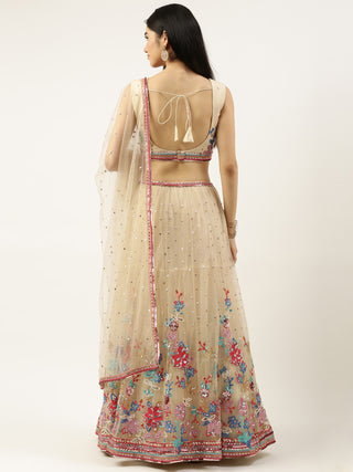 Net Cream multicolor thread and sequin embroidered Lehenga choli