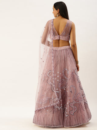 Sequin and pearl embroidered lavender Net Lehenga