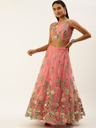 Pink multicolor floral Sequin embroidered net Lehenga