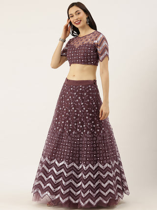 Burgundy Chevron pattern mirror and  sequin work net Lehenga set