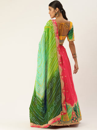 Satin silk Yellow and Pink Lehenga Choli with Bandhej dupatta