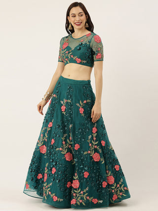 Teal net Lehenga with sequins, crystal mirror, stone work