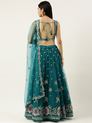 Dark sea green thread embroidered net Lehenga