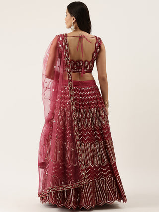 Sequin embroidered maroon Net Lehenga