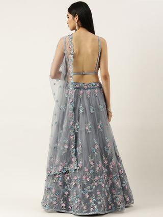 Grey Net Sequin and multicolor thread embroidered Lehenga