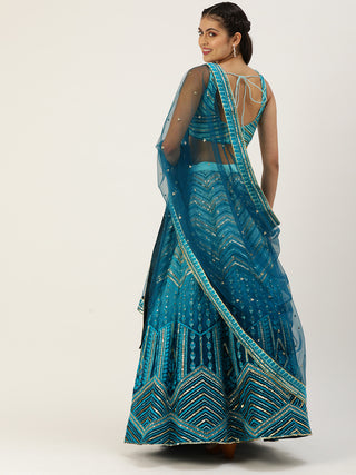 Teal geometric mirror and Sequin pattern embroidered net Lehenga