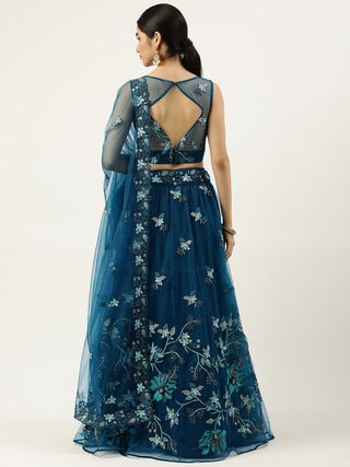 Dark Teal Sequin embroidered Net Lehenga