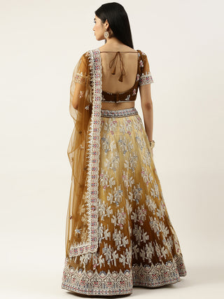Thread and sequin embroidered ombre mustard Lehenga