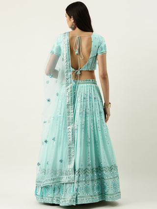 Georgette Sequence embroidered turquoise blue Lehenga